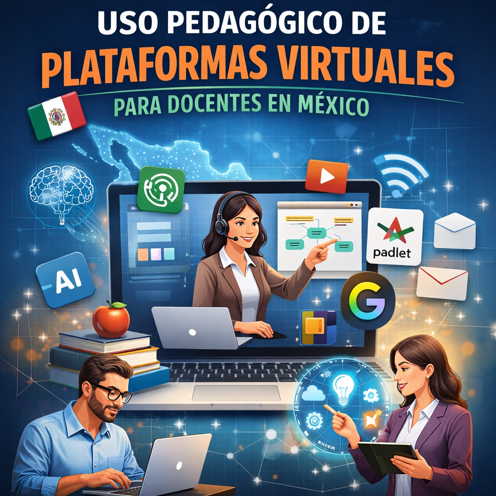 Ilustración digital educativa con el título “Uso pedagógico de plataformas virtuales para docentes en México”. Al centro hay una laptop con una docente dando clase en línea, usando audífonos y señalando contenido digital. Alrededor aparecen íconos de herramientas tecnológicas como inteligencia artificial, video, correo y plataformas colaborativas. A los lados, un docente usa una computadora y otra docente una tablet. El fondo muestra un mapa de México con conexiones digitales y una bandera nacional. La imagen representa el uso de tecnología en la educación y el aprendizaje virtual.